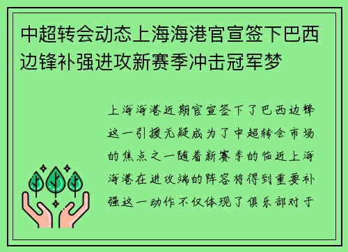 中超转会动态上海海港官宣签下巴西边锋补强进攻新赛季冲击冠军梦