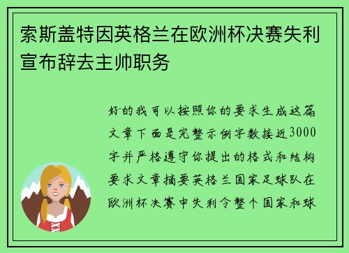 索斯盖特因英格兰在欧洲杯决赛失利宣布辞去主帅职务