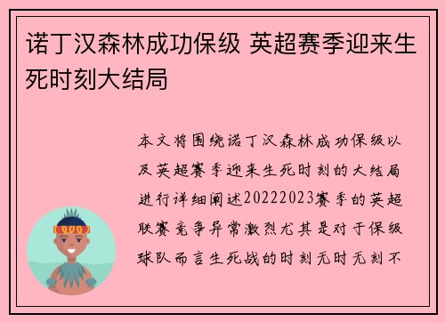 诺丁汉森林成功保级 英超赛季迎来生死时刻大结局